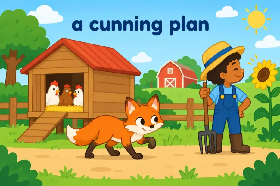 Cartoon fox slipping past a henhouse, a friendly scene for the word cunning in a sentence.