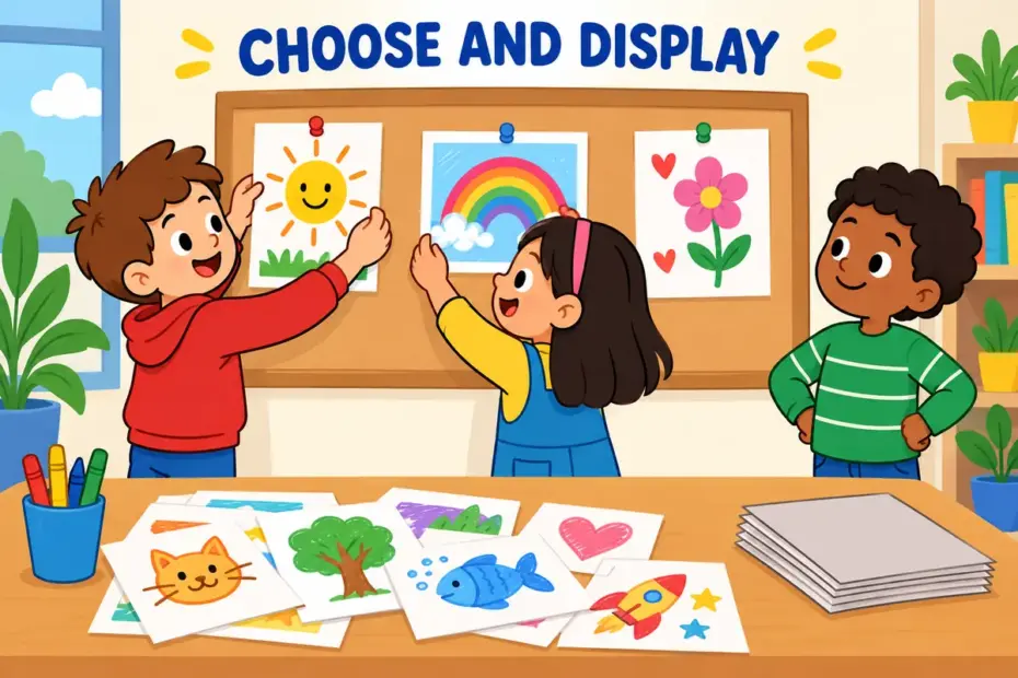 Cartoon pupils arrange a table of chosen drawings, showing curate in a sentence as selecting a collection for display.