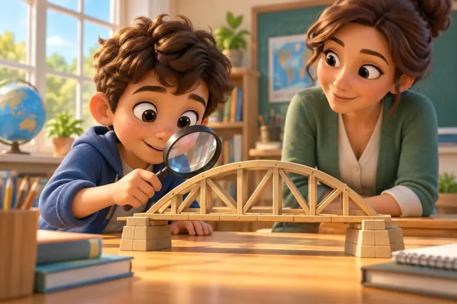 A student examines a bridge model with interest.