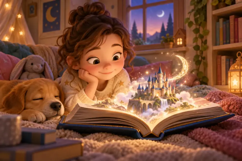A child reads a gentle fantasy story about a castle under a harmless sparkling spell.