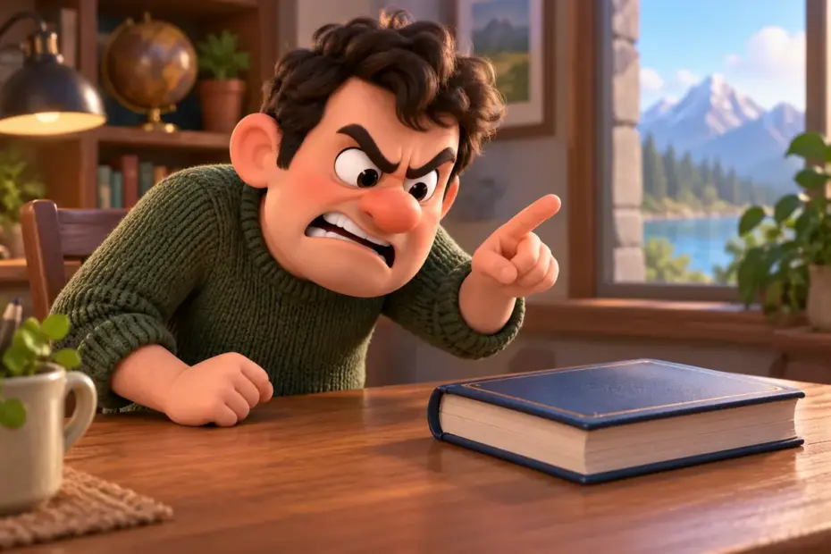 A fictional character frowns and gestures beside a closed book.