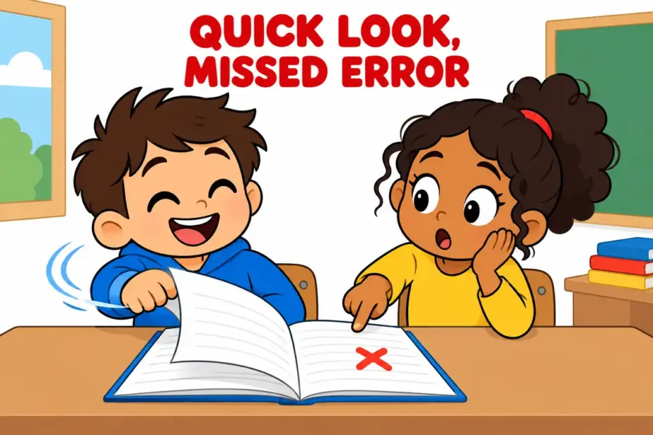 Cartoon pupil gives a page a cursory look while an error slips past, showing cursory in a sentence as careless haste.