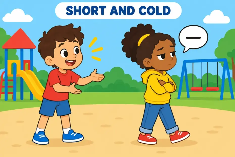 Cartoon child gives a curt one-word reply while a friend looks deflated, showing curt in a sentence.