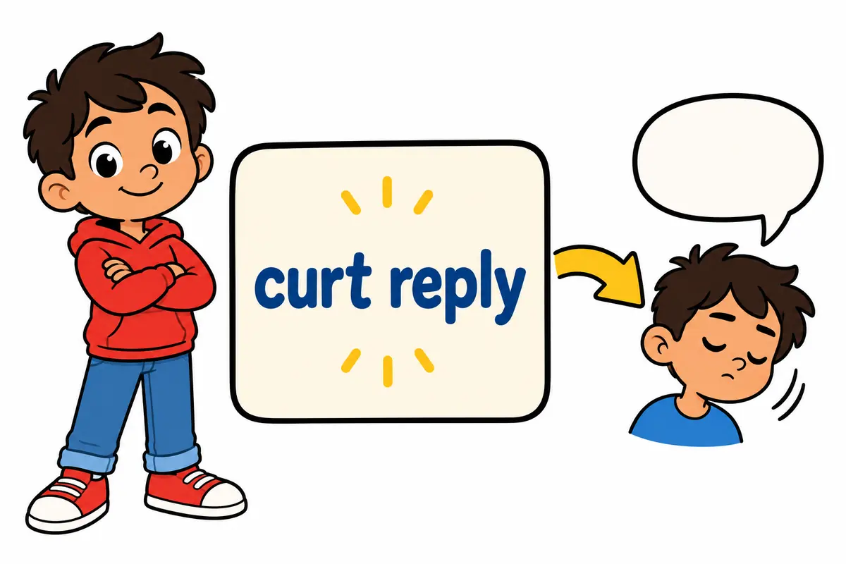 A cartoon card pairs the words curt reply with a picture of a child giving a clipped nod and turning away.