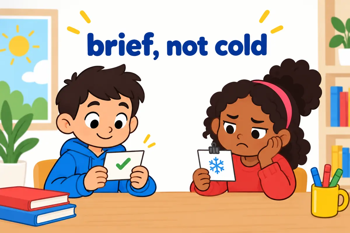A cartoon single scene contrasts a calm child reading a neat brief note with a friend frowning at a clipped cold reply.