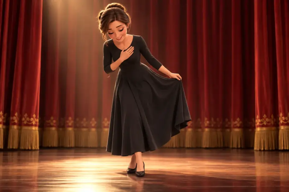 A performer makes a curtsey at the end of a theater performance.