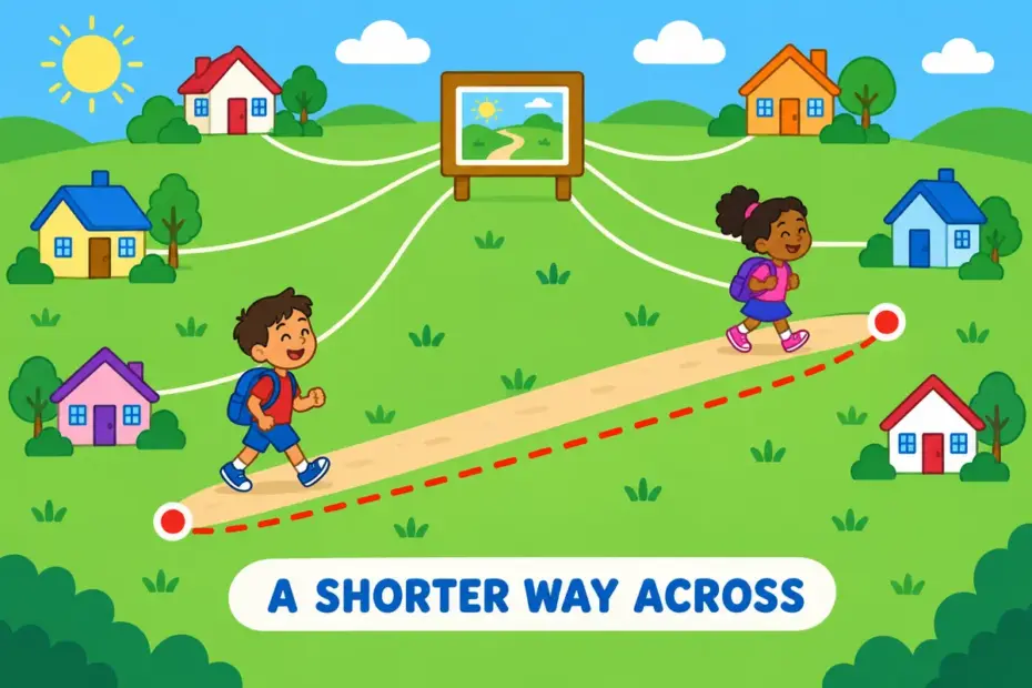 Cartoon children cut across a field on a diagonal path while lines reach many houses, showing cut across in a sentence.