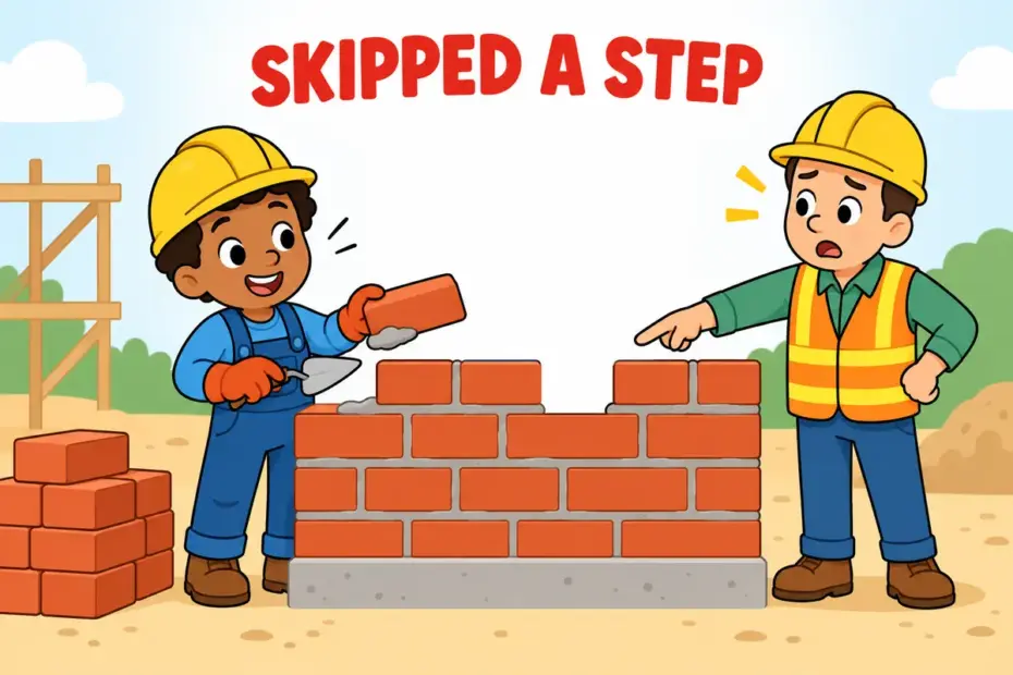 A cartoon builder lays a wall with a gap in it while a foreman looks worried, showing cut corners in a sentence.