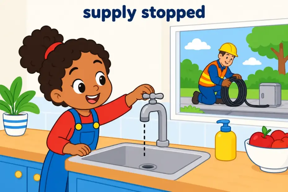 Cartoon family stands by a dry tap beside a cut cable, showing cut off in a sentence as a stopped supply.