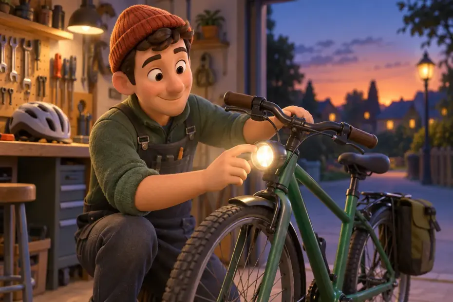 A mechanic tests a bicycle light on a dim path before a night ride.