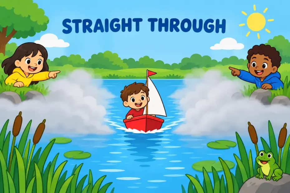Cartoon children watch a small boat cut through mist on a pond, showing cut through in a sentence as passing straight through an obstacle.