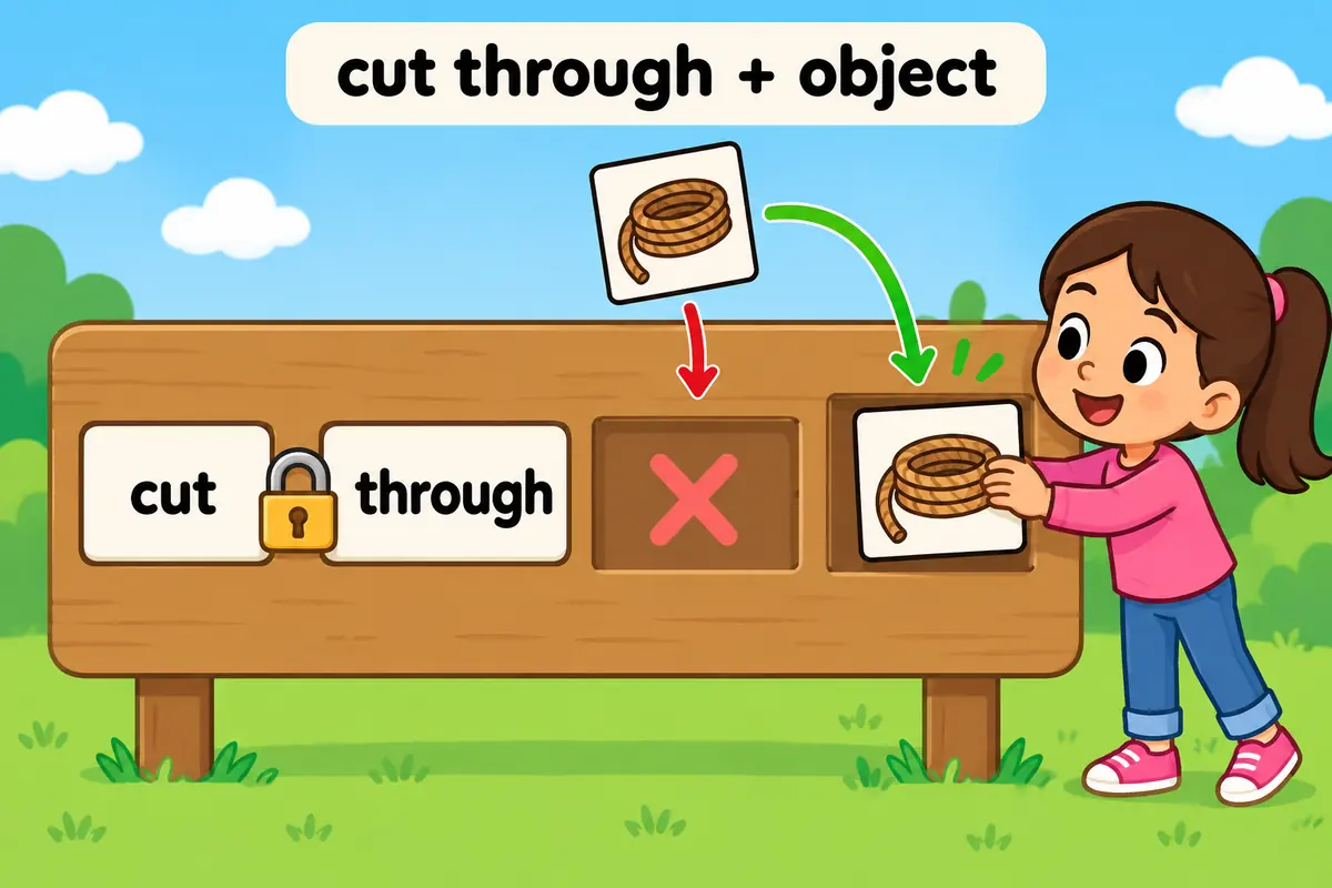 A cartoon board shows the words cut through locked together with a padlock, while a pictured rope card slots only after the pair.