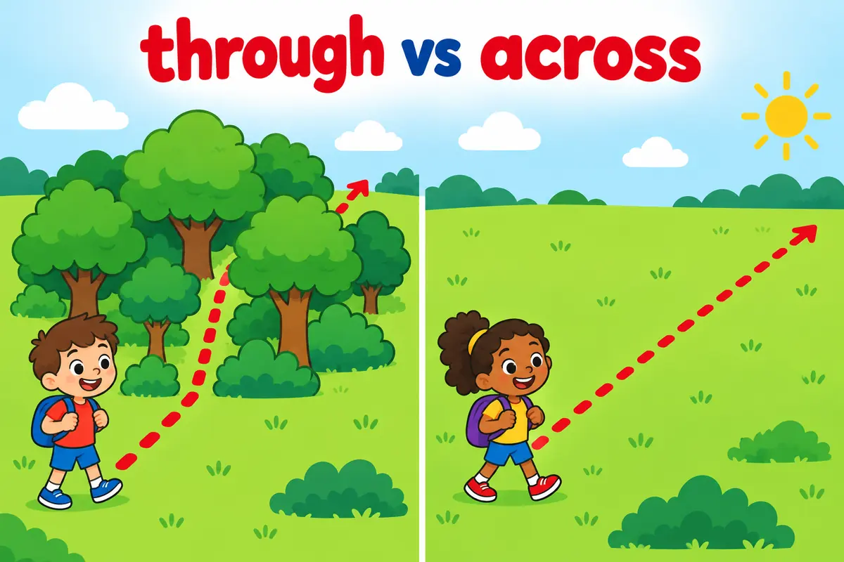 A cartoon top-down map contrasts a path cutting straight through a wood with a path crossing diagonally over an open field.