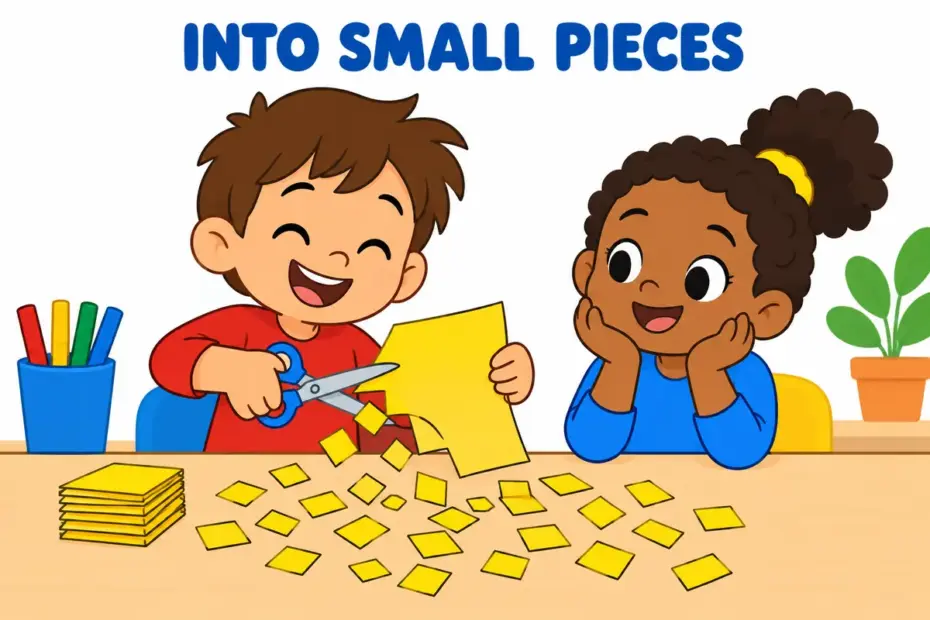 Cartoon child snips paper into many small pieces, illustrating cut up in a sentence as reducing something to pieces.