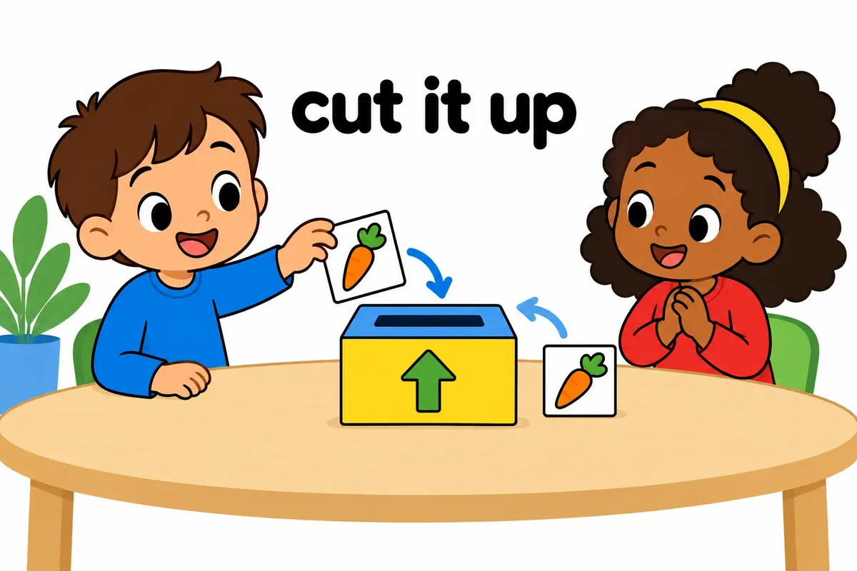 A cartoon child moves a small card in front of an up arrow, showing that a pronoun goes before the particle.