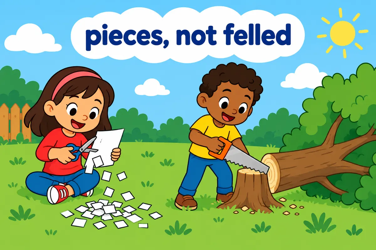 A cartoon single scene contrasts a child snipping paper into squares with a child sawing a whole tree flat.