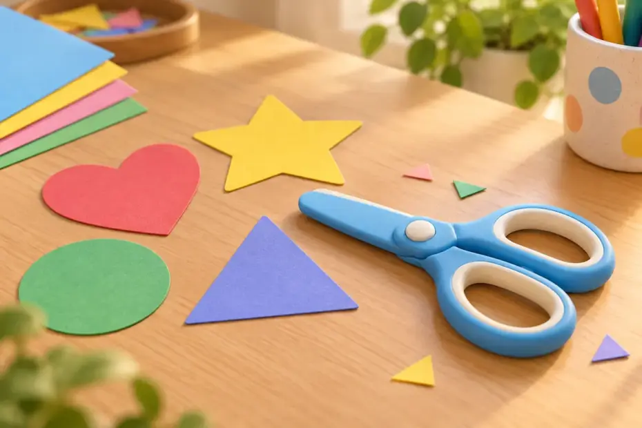 Craft scissors rest beside cut colored paper shapes.