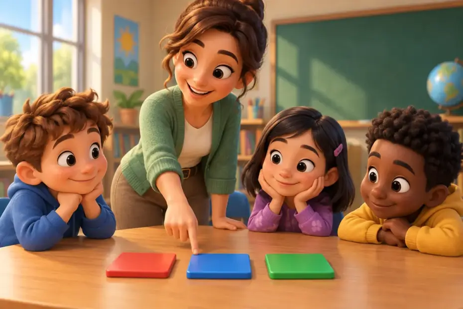 A teacher points to three colored tiles on a classroom table.