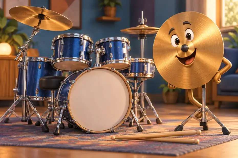 A cymbal stands beside a drum kit and wooden sticks.
