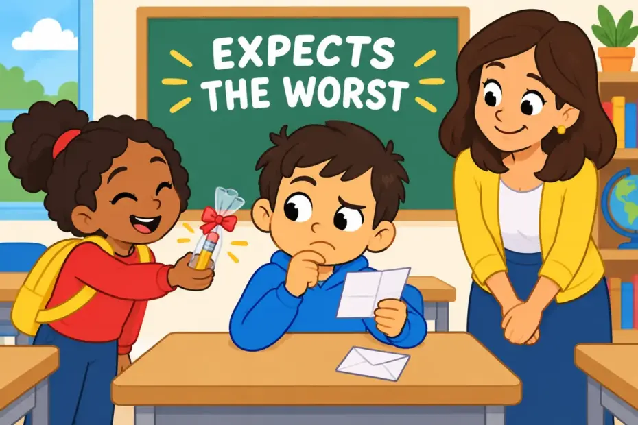 A cartoon child raises one eyebrow at a folded note, showing cynical in a sentence as expecting a hidden motive.