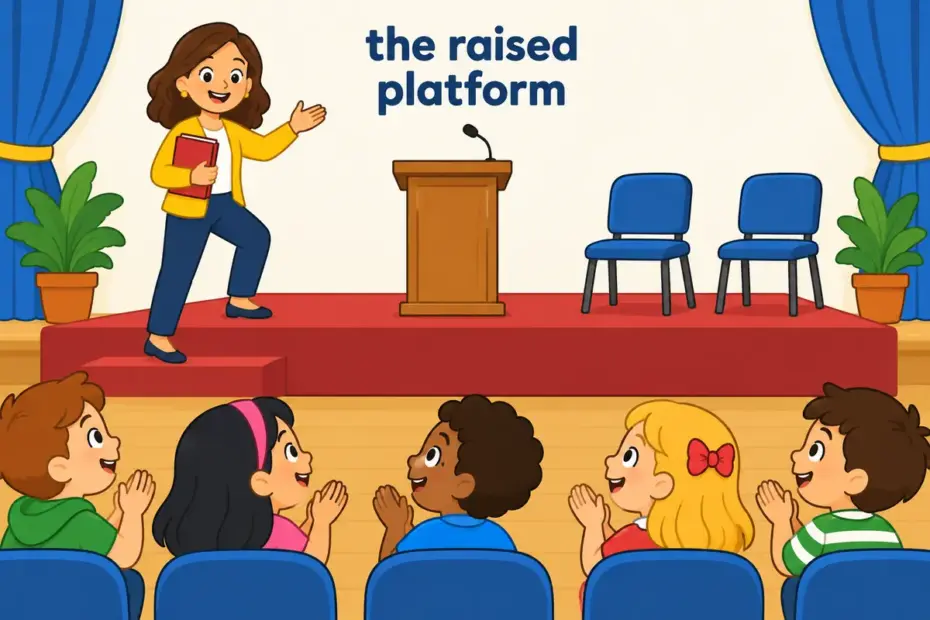 Cartoon children watch an adult step onto a raised platform, showing dais in a sentence at a school ceremony.