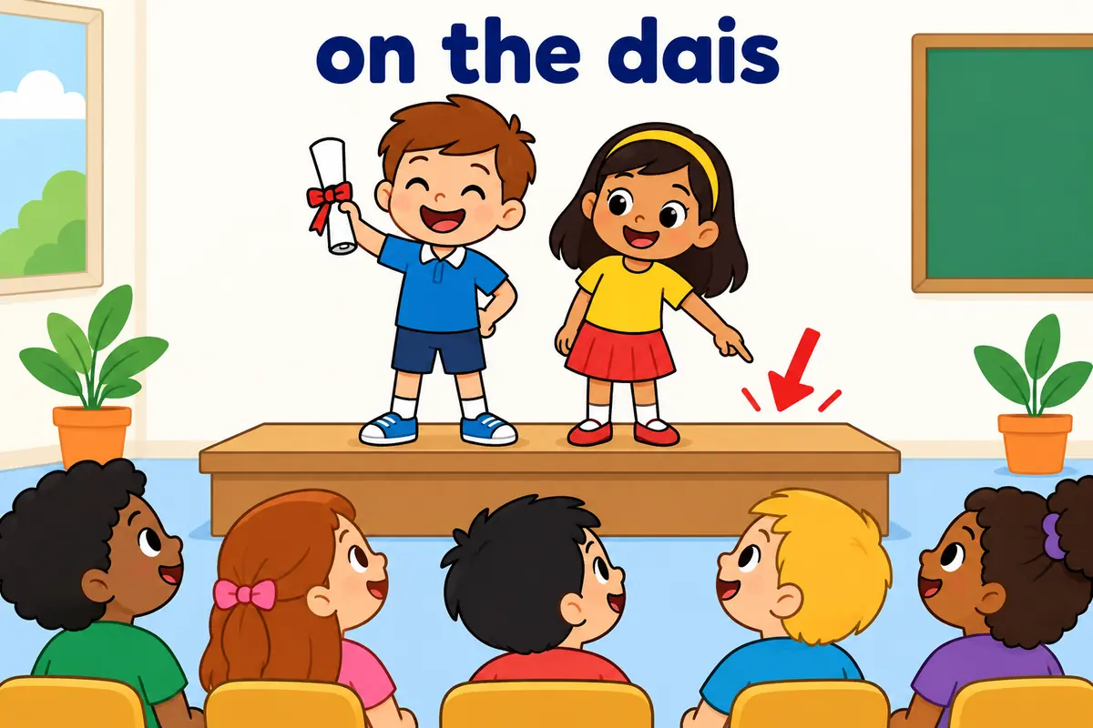 Cartoon children stand on a low raised platform facing classmates, showing the phrase on the dais.