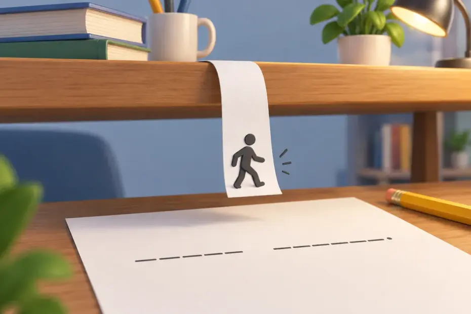 A paper phrase strip hangs loosely above a blank sentence page.