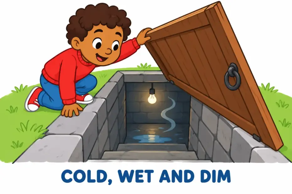 Cartoon child opens a cellar door onto a cold wet step, showing dank in a sentence as unpleasantly damp and dark.