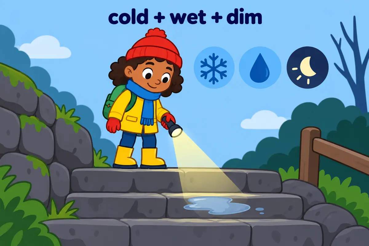 A cartoon child opens a cellar door onto a cold wet step with a small cloud of stale air.