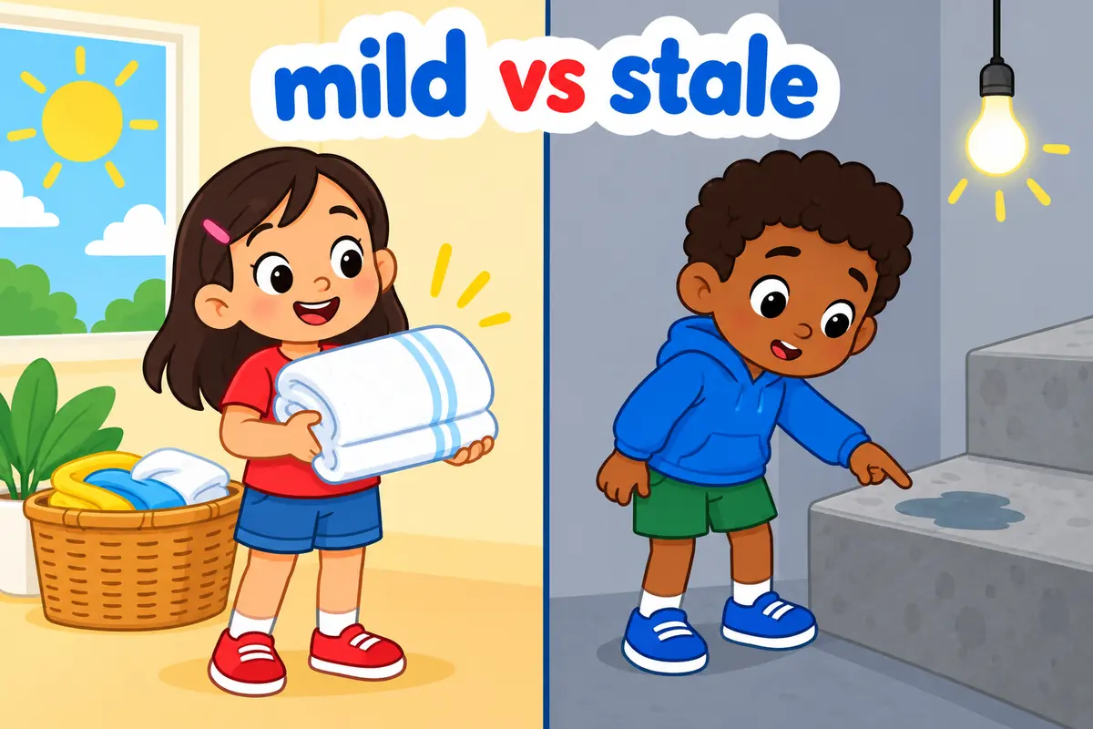 A cartoon split contrasts a cold cellar step with a warm dry towel basket.