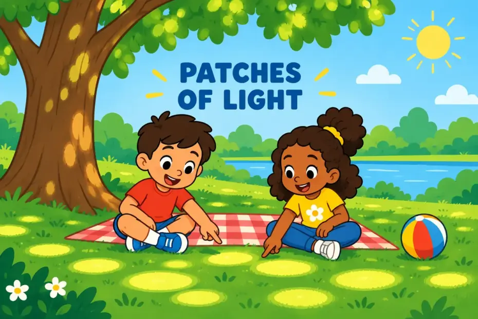 Cartoon children sit under a tree, showing dappled in a sentence as soft patches of sunlight and shade on the grass.