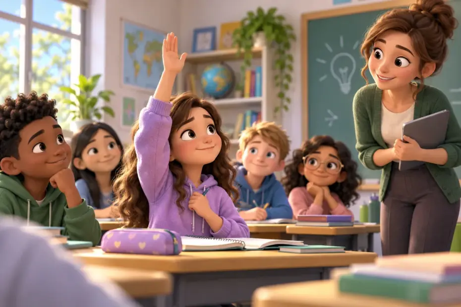 A student raises a hand to ask a question in a supportive classroom.