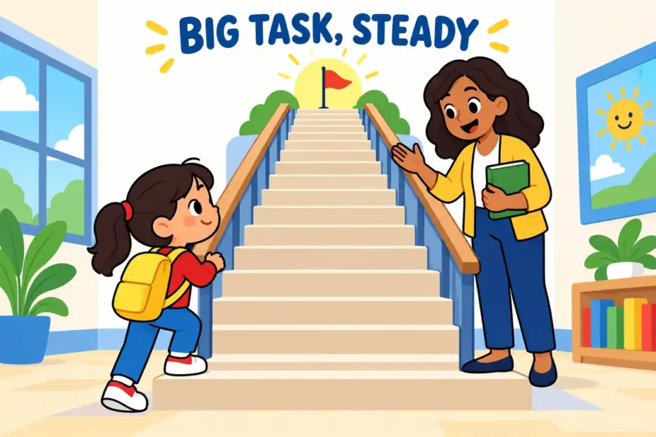 A cartoon child looks up at a tall but friendly staircase, showing daunt in a sentence as a task that tests confidence.