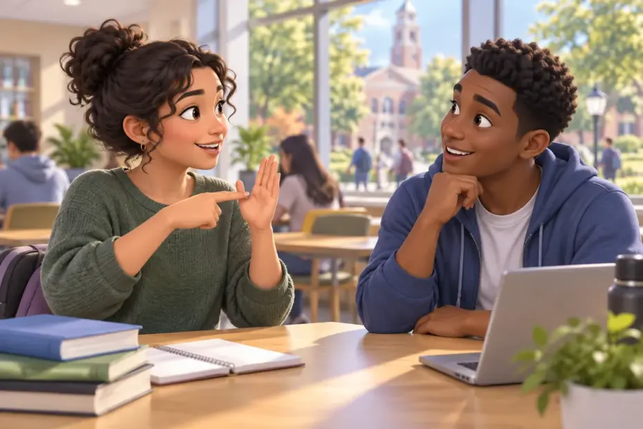 Two students communicate face to face in an inclusive campus setting, with one using sign language.
