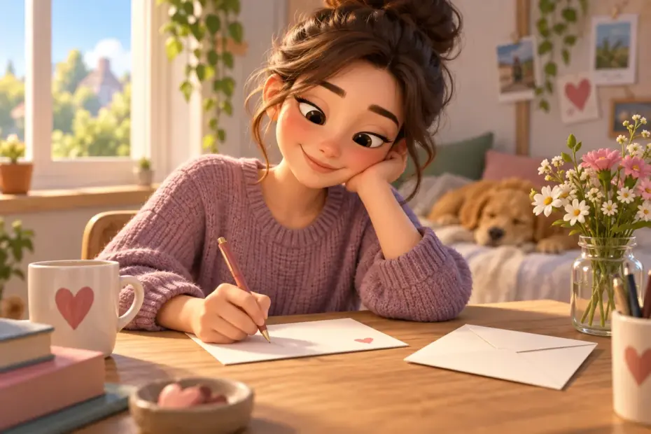 A person writes a warm note to a friend at a desk beside a blank envelope.
