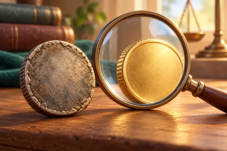 A once-bright metal coin with a worn surface sits beside a magnifying glass.