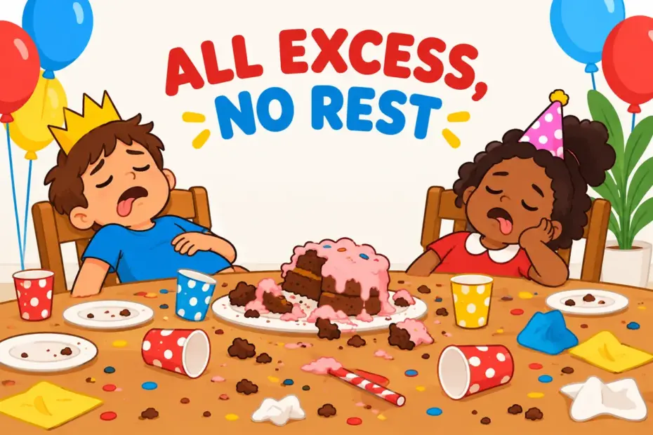A messy party table and tired children illustrate debauchery in a sentence as excessive self-indulgence.