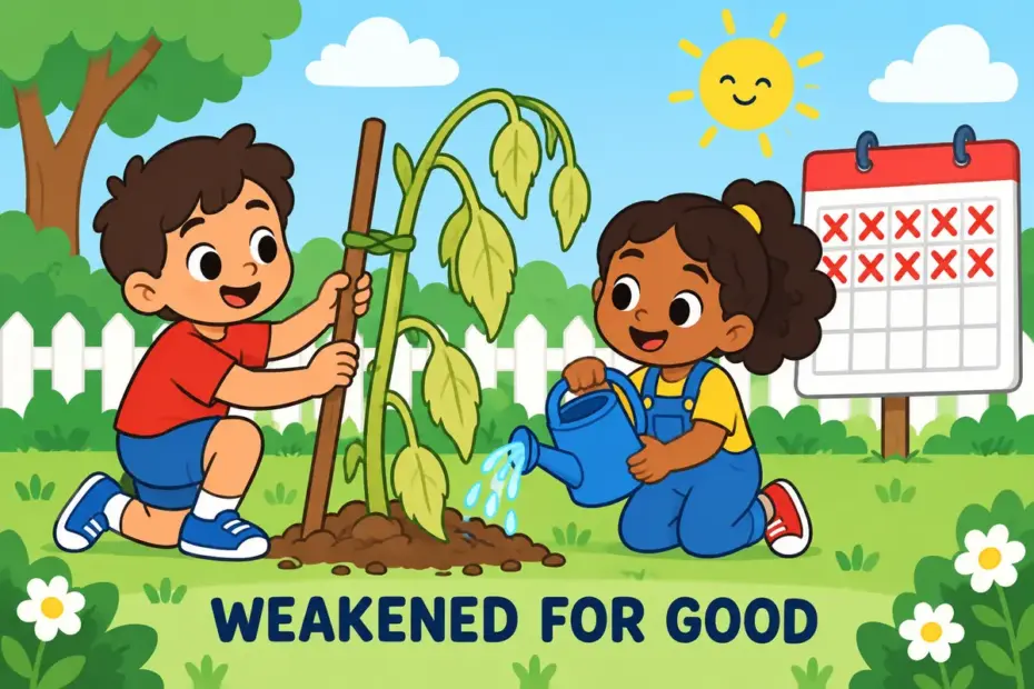 Cartoon children help a drooping plant beside a calendar, showing debilitate in a sentence as lasting weakness after illness.
