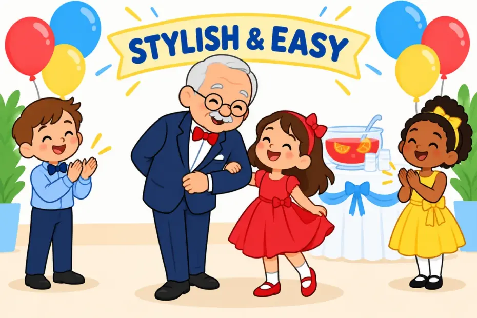 Cartoon grandfather in a dinner jacket offers his arm to a child, showing debonair in a sentence as stylish, easy charm.