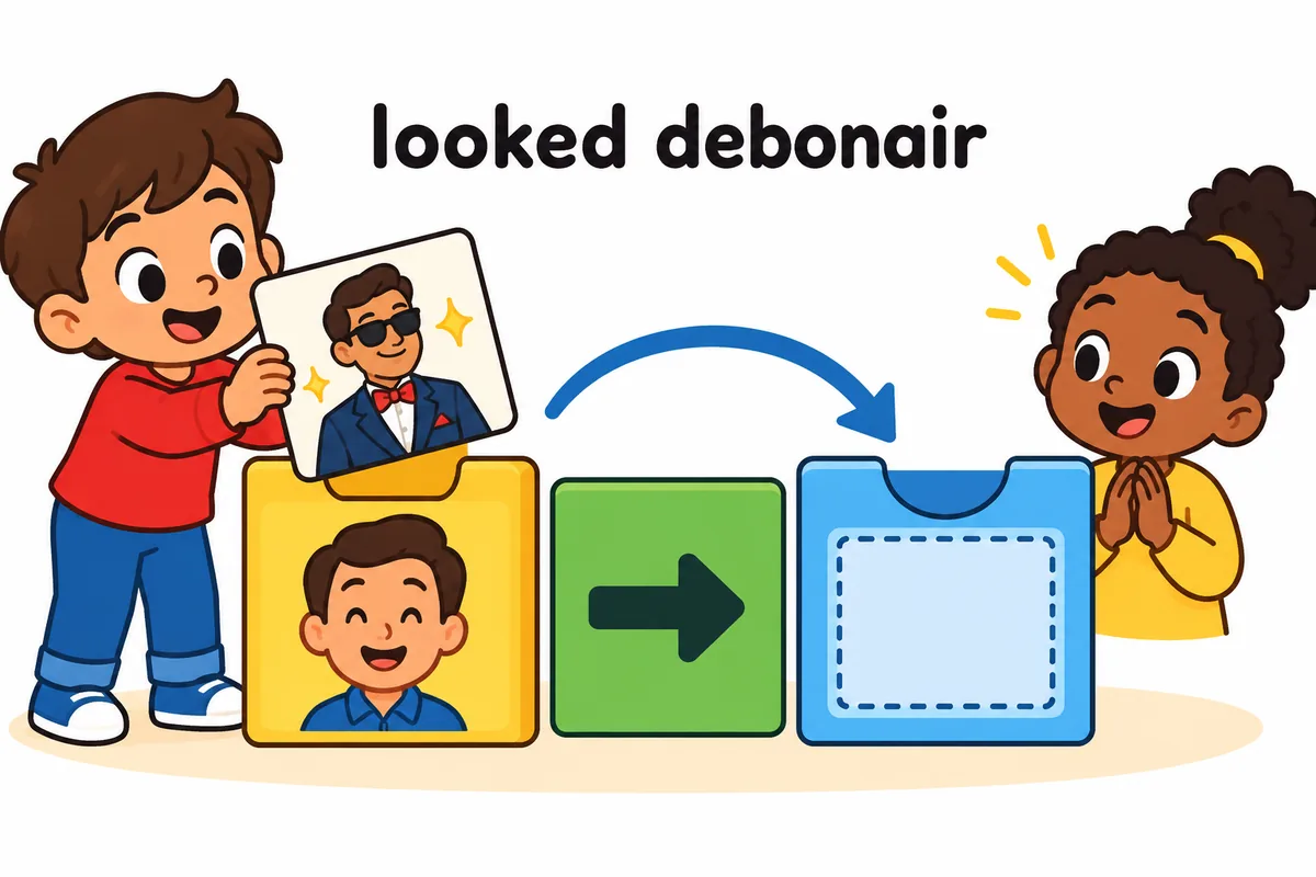 A child places a smiling-person picture after a blank verb block, showing where debonair fits.