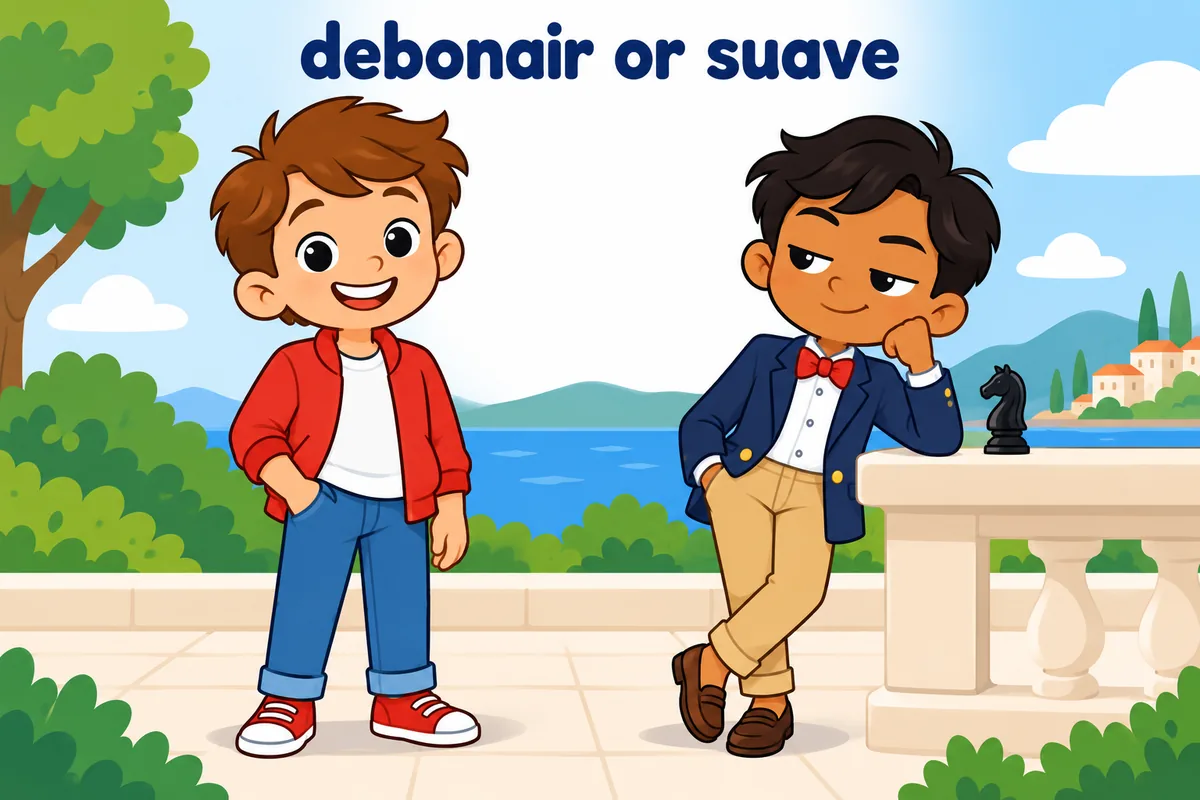A relaxed, smiling child stands beside a cool, calculating child, contrasting debonair with suave.