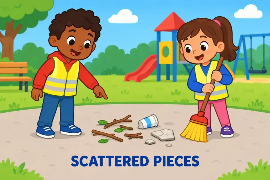Cartoon children survey a tidy pile of debris scattered on a path, showing debris in a sentence as broken fragments.