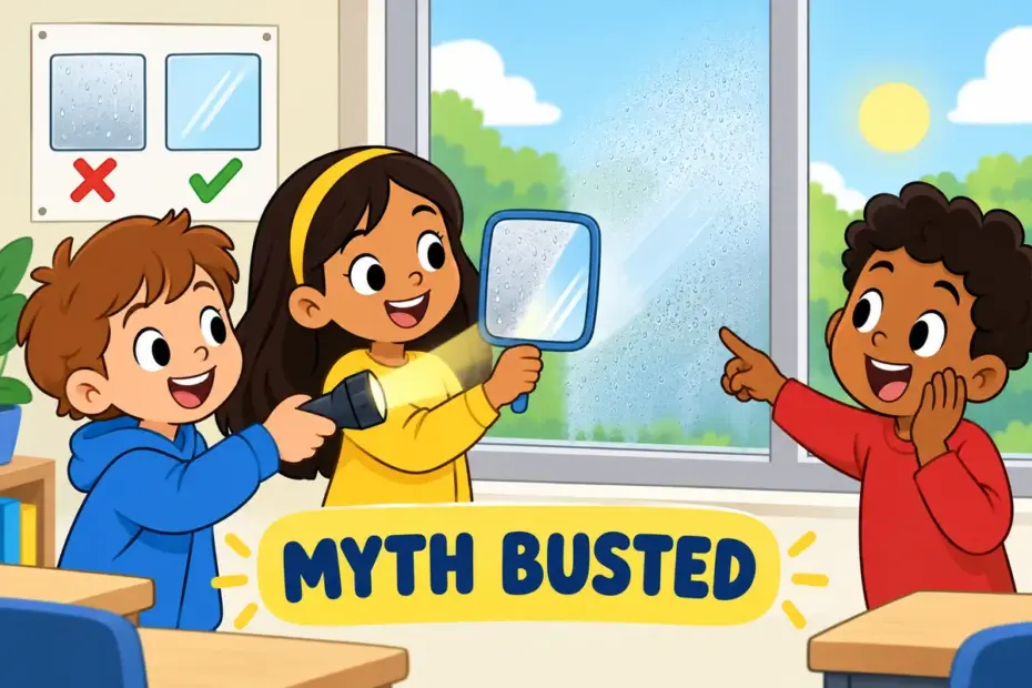 Cartoon children show that a foggy mirror is not a ghost, illustrating how to debunk a myth with a simple test.