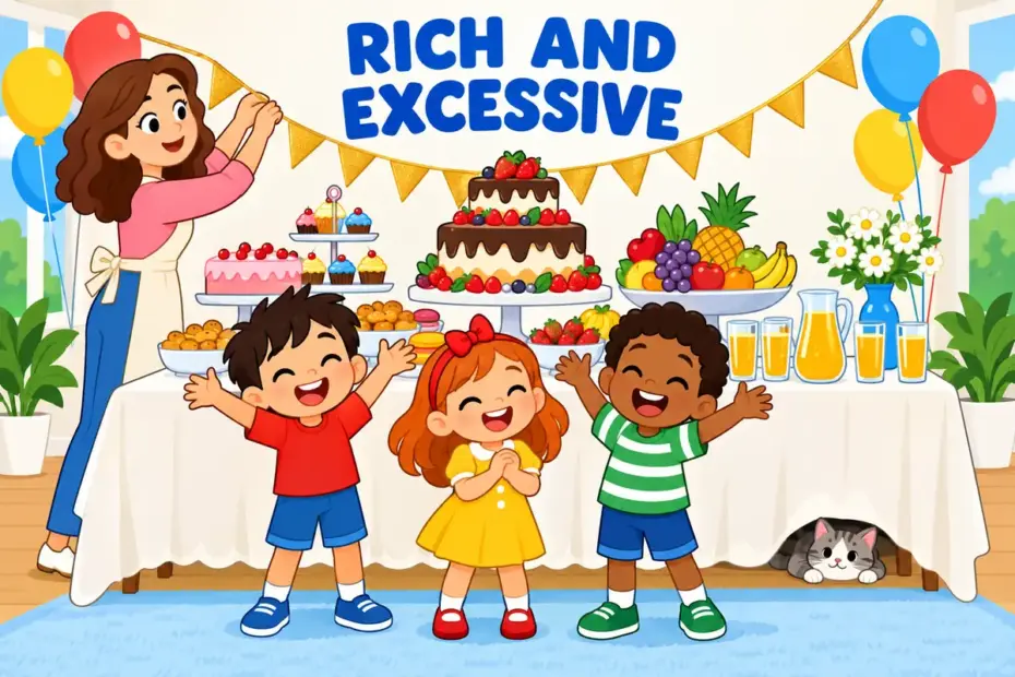 Cartoon children gaze at an overflowing dessert table under gold bunting, showing decadent in a sentence as indulgent luxury.