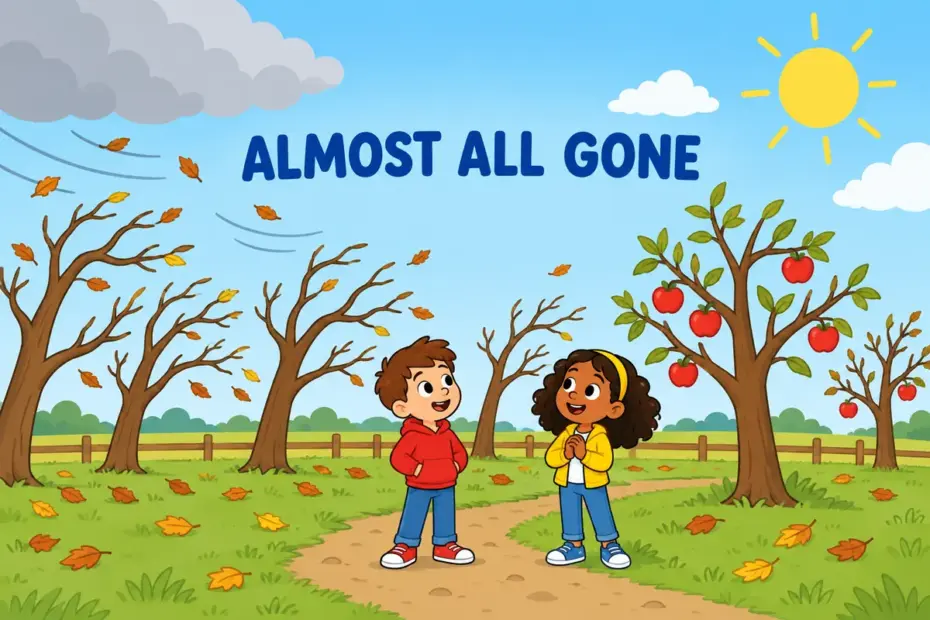 Cartoon children look at an orchard where a storm has left most trees bare, showing decimate in a sentence as a huge loss.