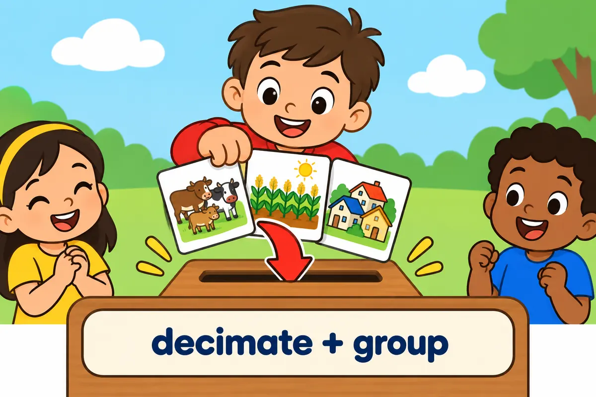 Three cartoon cards show a herd, a harvest and a town receiving a shrinking arrow in the object position after the verb decimate.