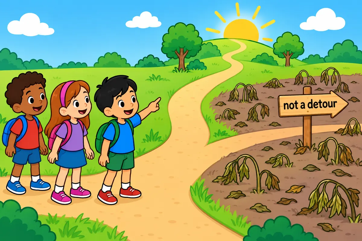 A single unified cartoon scene contrasts a mostly empty field of fallen plants with a fork in a path, one arrow leading off course.