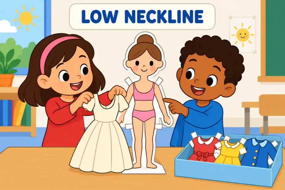 Cartoon children dress a paper doll in a gown with a low neckline, showing decollete in a sentence.