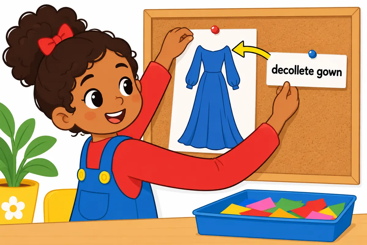 A cartoon child fits a word card reading decollete onto a picture of a pale evening gown.