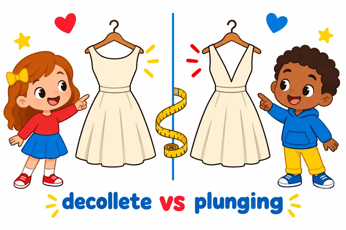 A cartoon split scene contrasts a wide low neckline on one paper gown with a deep V neckline on another.